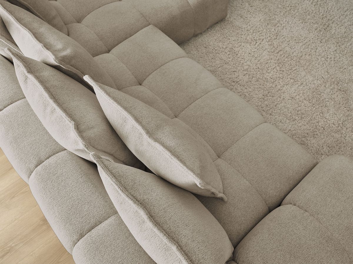 Bobochic Everest Ecksofa mit Schlaffunktion und Bettkasten 318 × 180 cm, 7 Kissen Melange-Stoff Taupe Ecke rechts