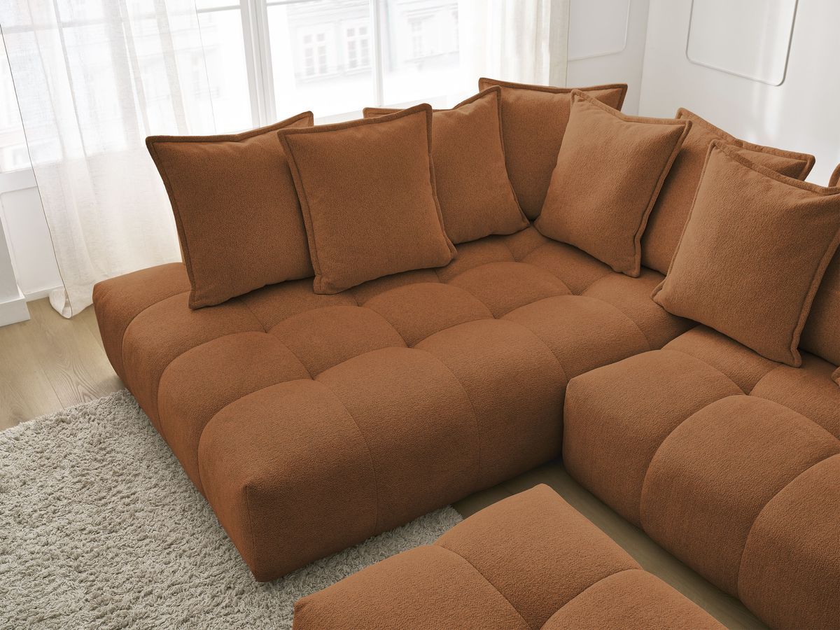 Bobochic Everest Ecksofa mit Schlaffunktion und Bettkasten und Pouf 320 × 212 cm, 10 Kissen Melange-Stoff Orange Ecke links