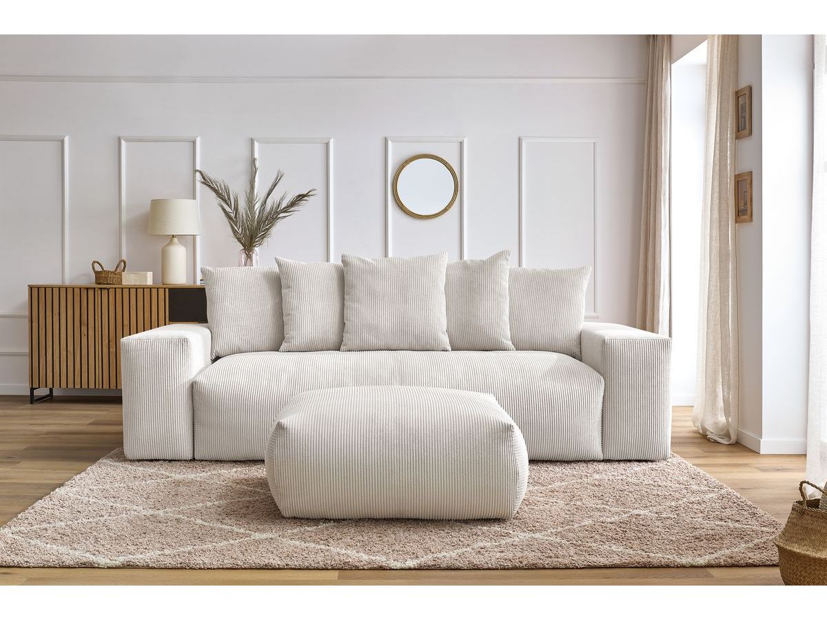 Bobochic Voltaire Schlafsofa 4-Sitzer mit Bettkasten und Pouf Cordsamt Beige
