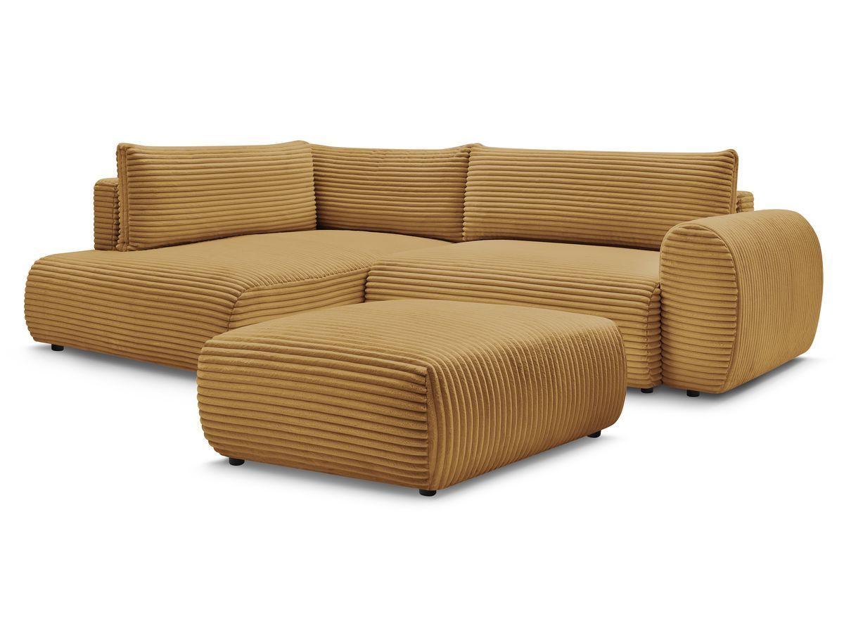 Bobochic Lucien Ecksofa mit Schlaffunktion und Bettkasten und Pouf 296 × 198 cm Breitcord weich Gelb Ecke links