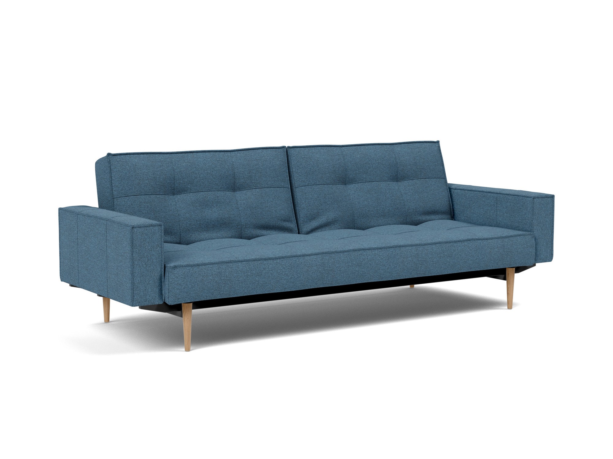 Schlafsofa Splitback mit Armlehnen Strukturierter Stoff Weda 302-Weda-Blue Beine Styletto Eiche hell