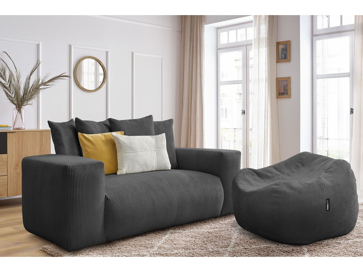 Bobochic Voltaire Sofa 2-Sitzer mit Pouf Cordsamt Dunkelgrau
