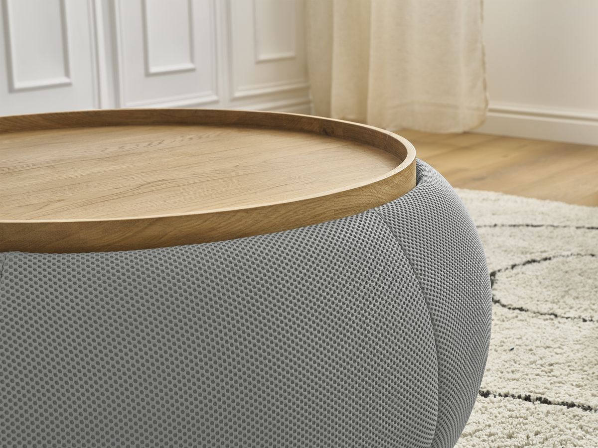 Bobochic Hayden Pouf mit Tablett, rund Mesh-Stoff Hellgrau, 87 cm