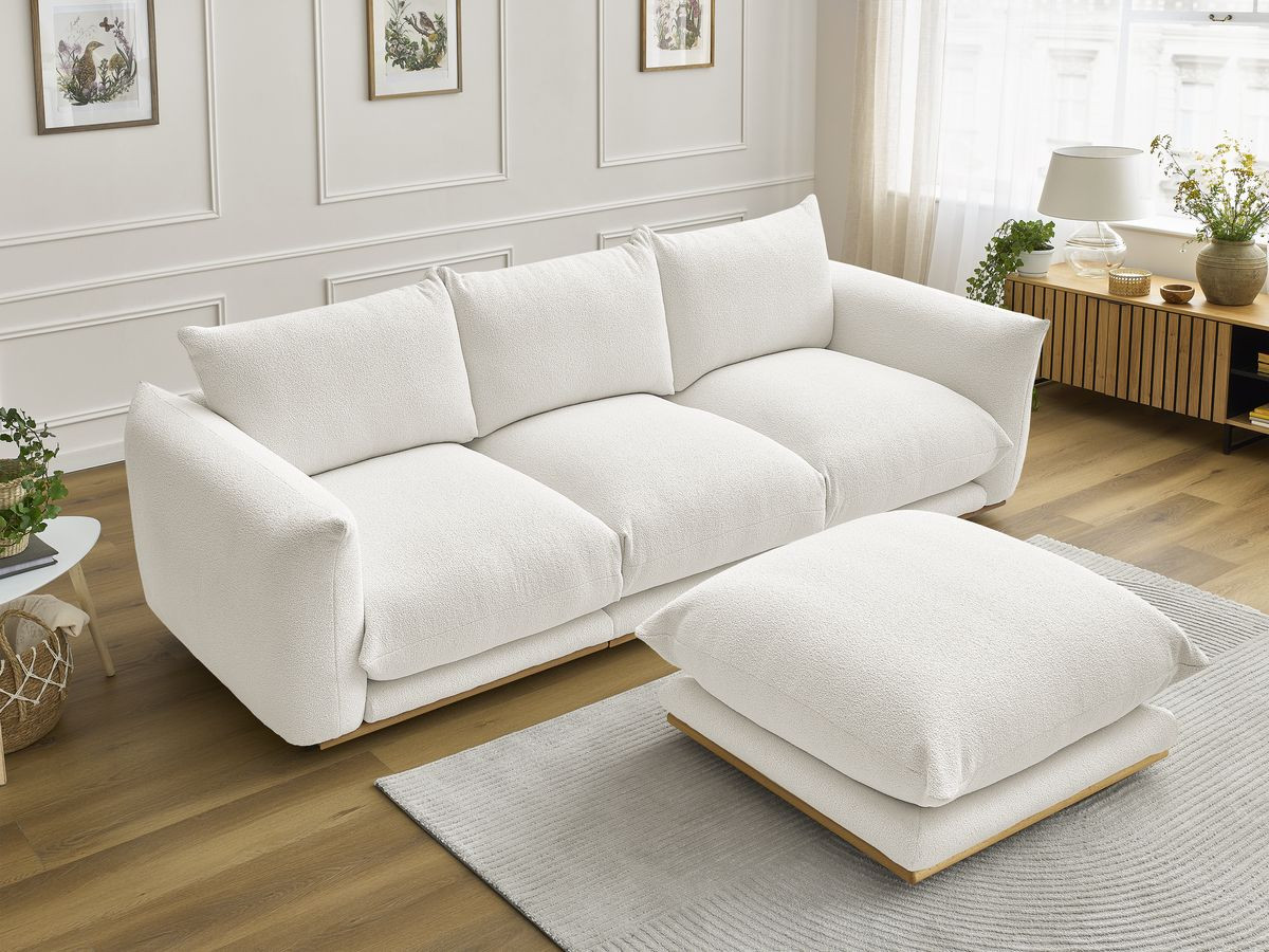 Bobochic Ernest Sofa 3-Sitzer mit Pouf 266 × 106 cm Bouclé-Stoff Weiß