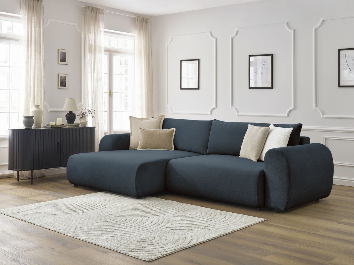Bobochic Lucien Ecksofa mit Schlaffunktion und Bettkasten 314 × 167 cm Stoff Dunkelblau Ecke links