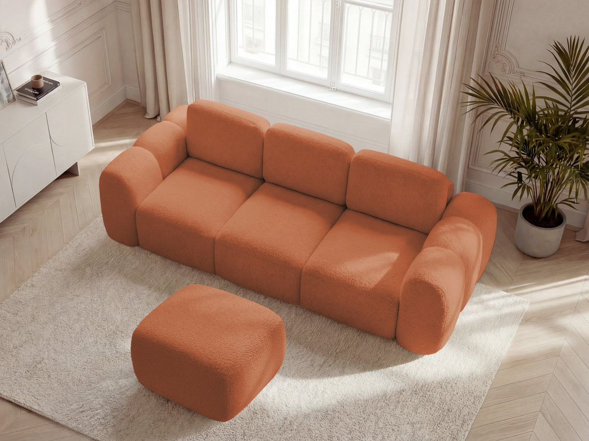 Bobochic Montaigne Schlafsofa 3-Sitzer mit Bettkasten und Pouf Bouclé-Stoff Orange