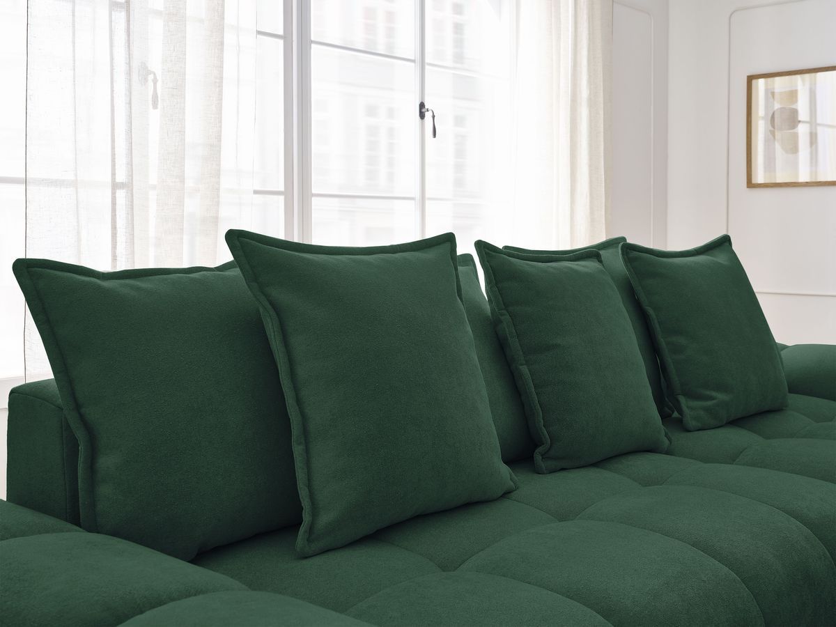 Bobochic Everest Ecksofa mit Schlaffunktion und Bettkasten 318 × 180 cm, 7 Kissen Strukturstoff Grün Ecke rechts