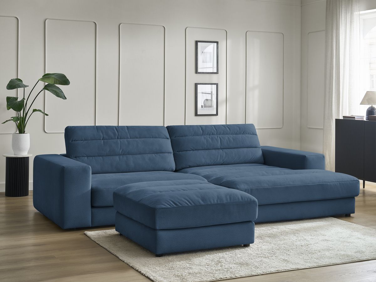 Bobochic Sierra Ecksofa mit Pouf Samt Dunkelblau Ecke rechts