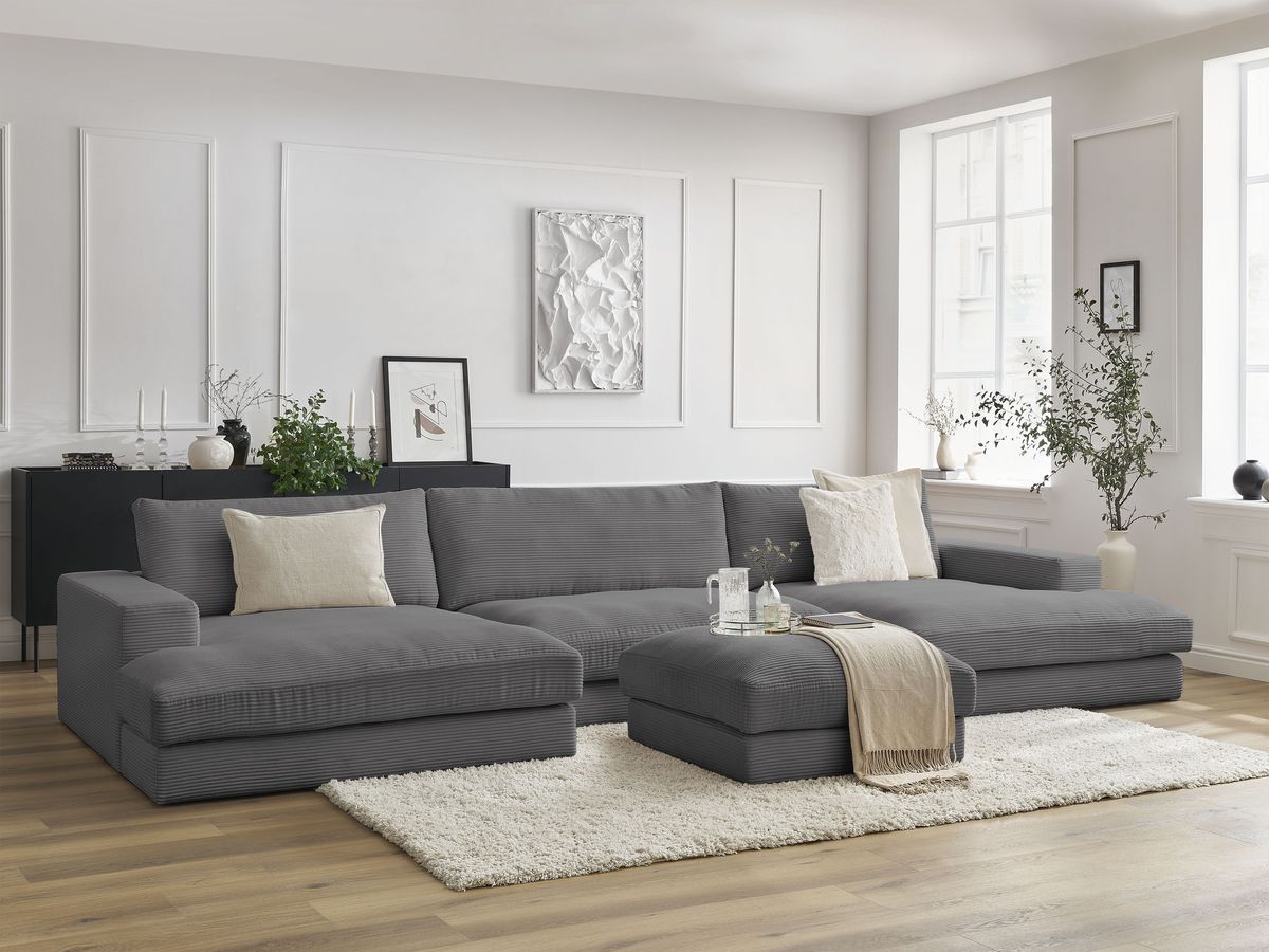 Bobochic Leonard Wohnlandschaft mit Pouf 349 × 159 cm Cordsamt Dunkelgrau