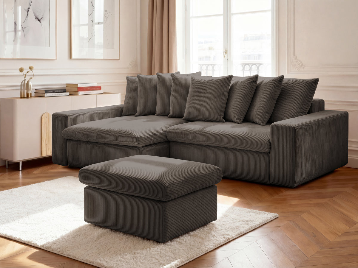 Bobochic Enore Ecksofa mit Pouf Cordsamt Taupe Ecke links
