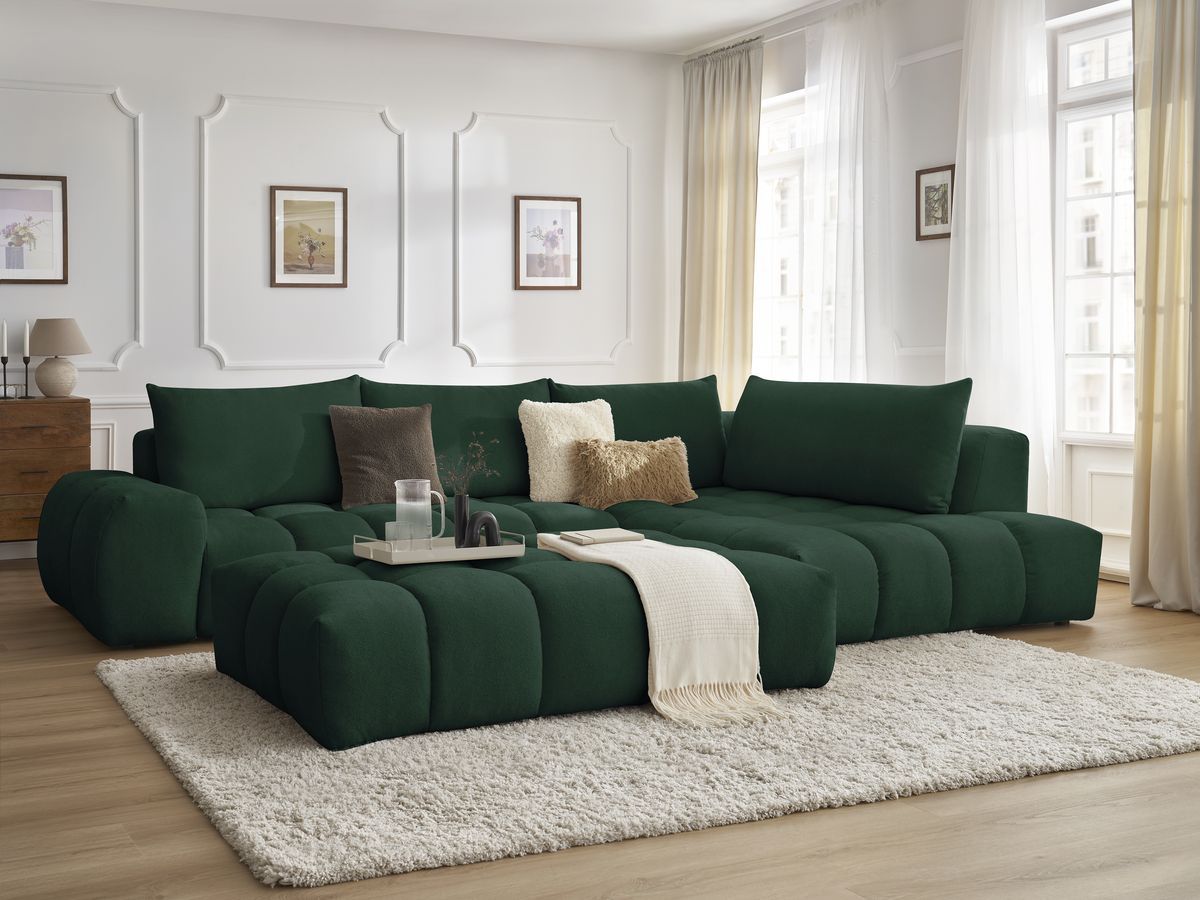 Bobochic Everest Ecksofa mit Schlaffunktion und Pouf, 4 Kissen Strukturstoff Grün Ecke rechts