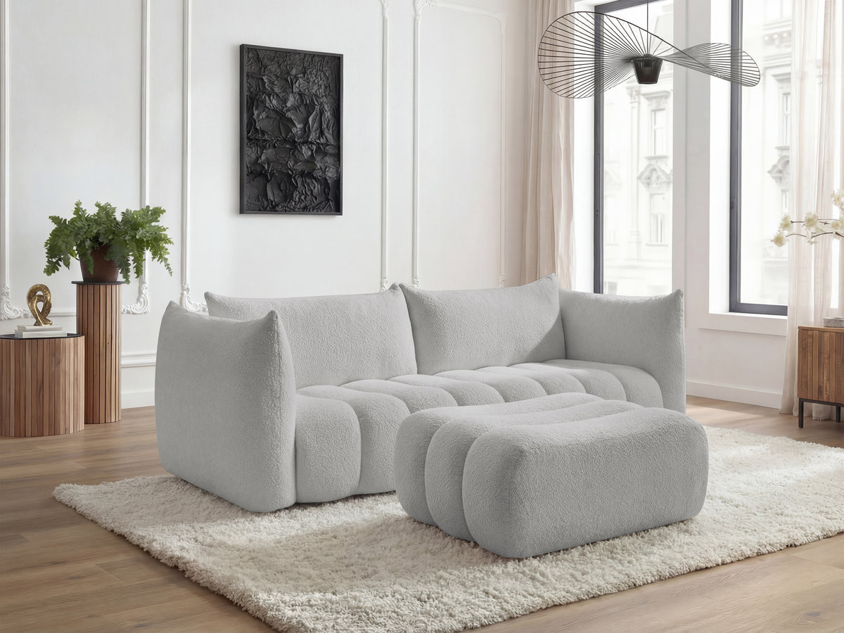 Bobochic Azra Sofa 4-Sitzer mit Pouf Bouclé-Stoff Hellgrau