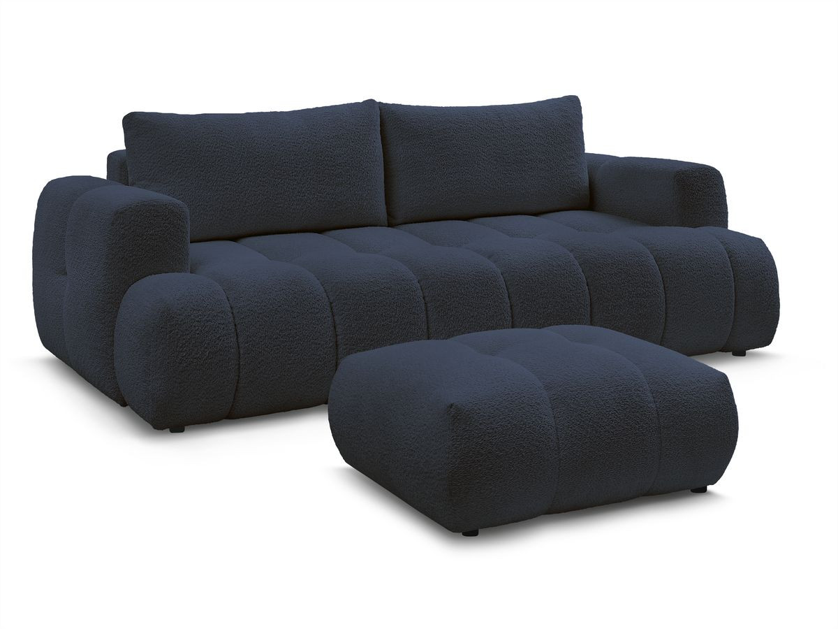 Bobochic Fuji Schlafsofa 3-Sitzer mit Bettkasten und Pouf Bouclé-Stoff Dunkelblau