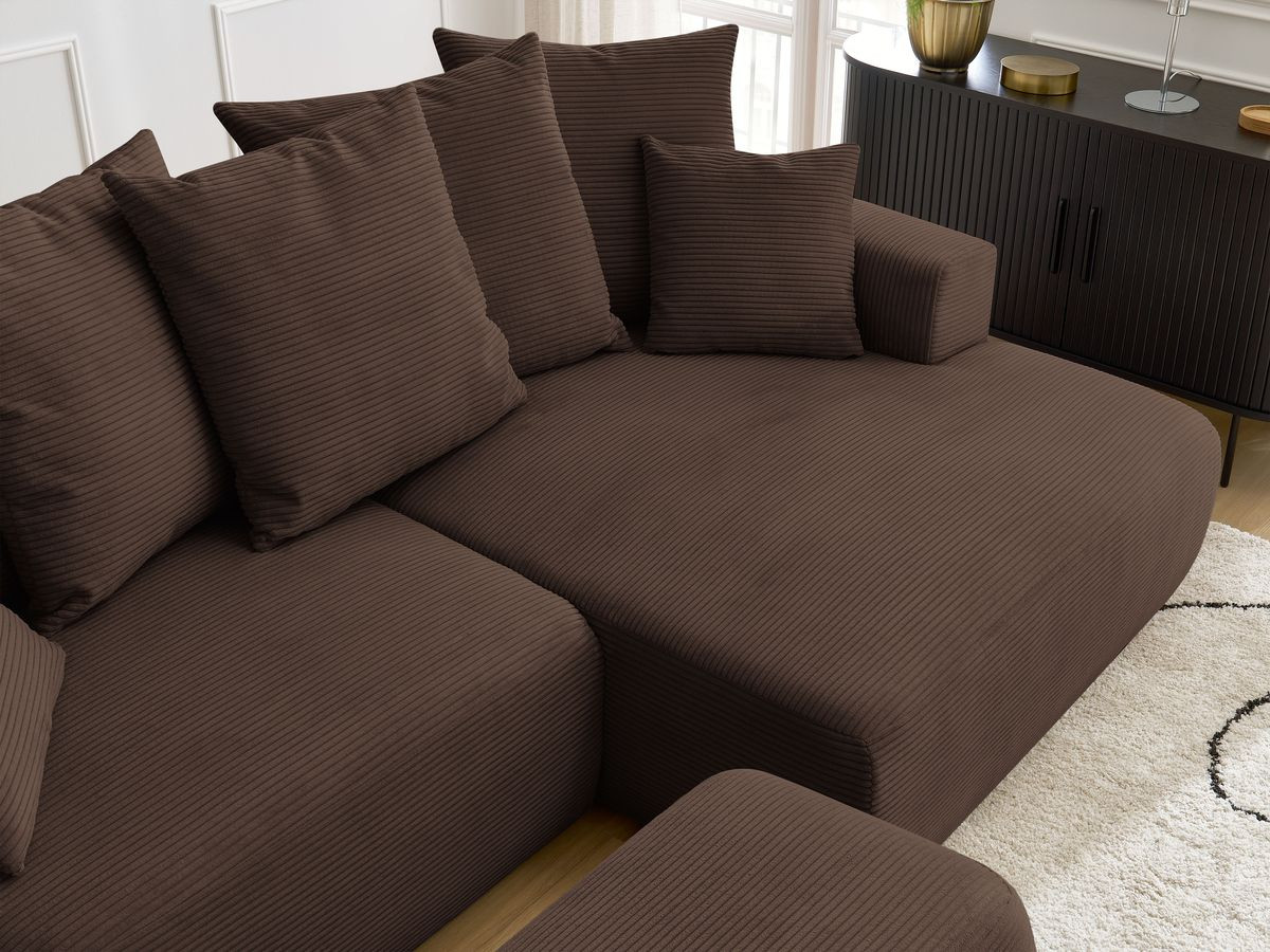 Bobochic Atilla Ecksofa mit Schlaffunktion und Bettkasten und Pouf Cordsamt Braun Ecke rechts