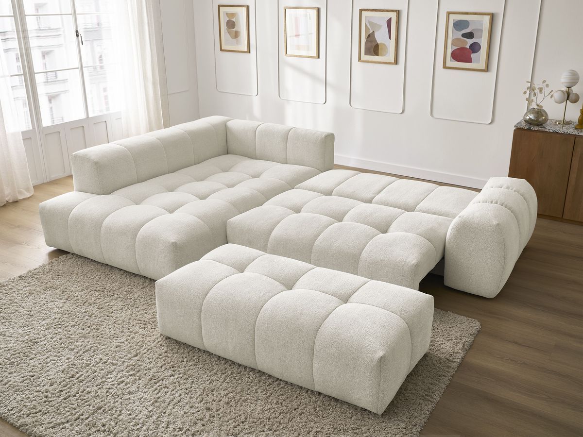 Bobochic Everest Ecksofa mit Schlaffunktion und Bettkasten und Pouf 320 × 212 cm, 5 Kissen Melange-Stoff Weiß Ecke links