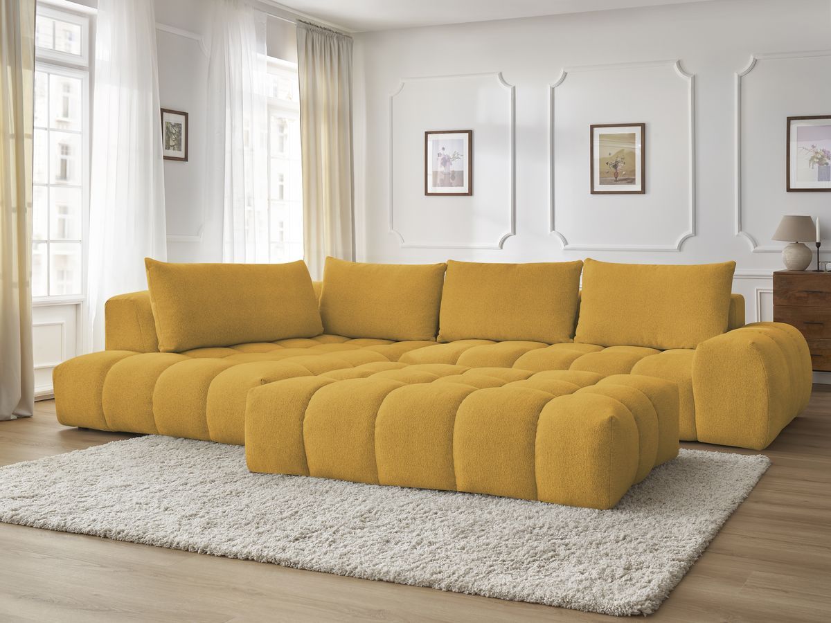 Bobochic Everest Ecksofa mit Schlaffunktion und Pouf, 4 Kissen Melange-Stoff Gelb Ecke links