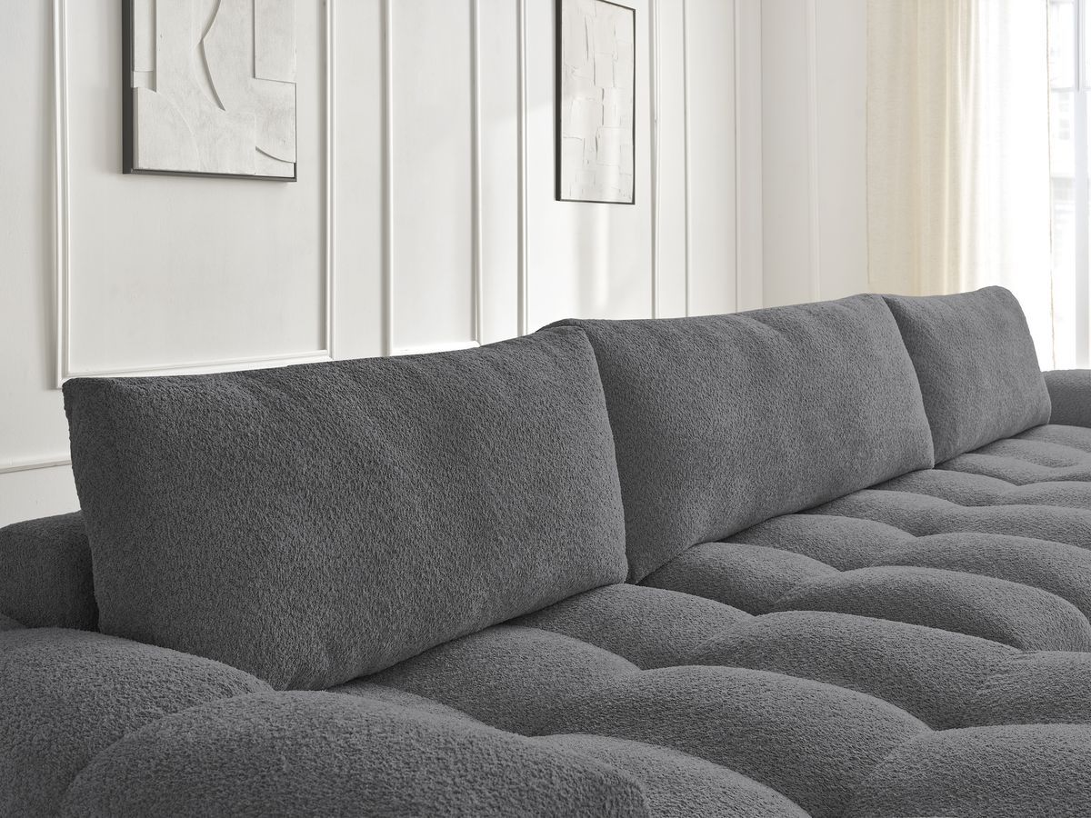 Bobochic Anakin Wohnlandschaft mit Pouf, Liegefläche 137 × 382 cm, 3 Kissen Bouclé-Stoff Dunkelgrau