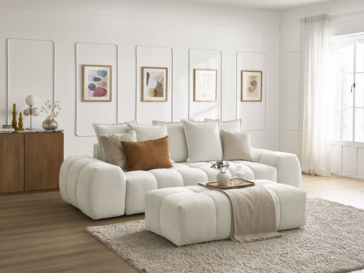 Bobochic Everest Sofa 3-Sitzer mit Pouf, 5 Kissen Melange-Stoff Weiß