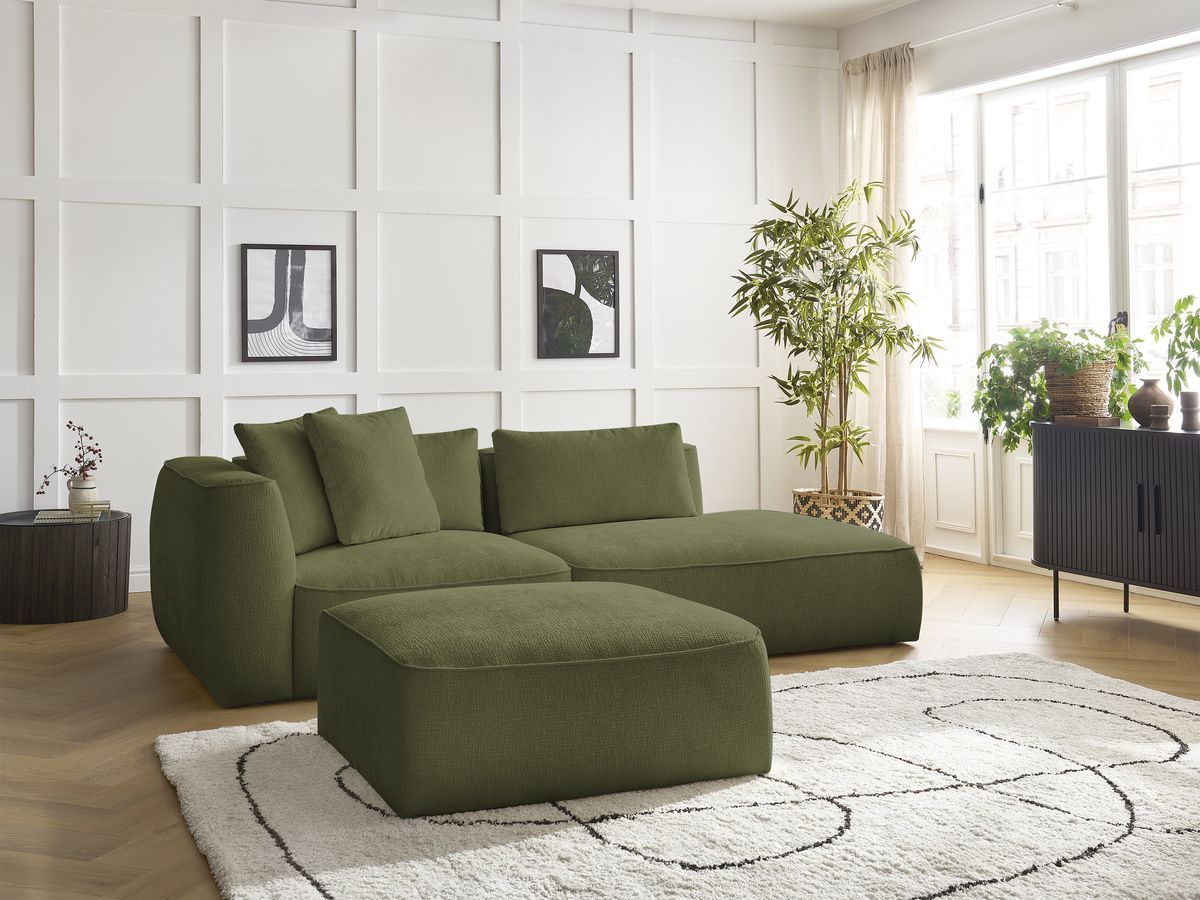 Bobochic Leopold Sofa 4-Sitzer mit Pouf Strukturstoff Dunkelgrün Armlehne links