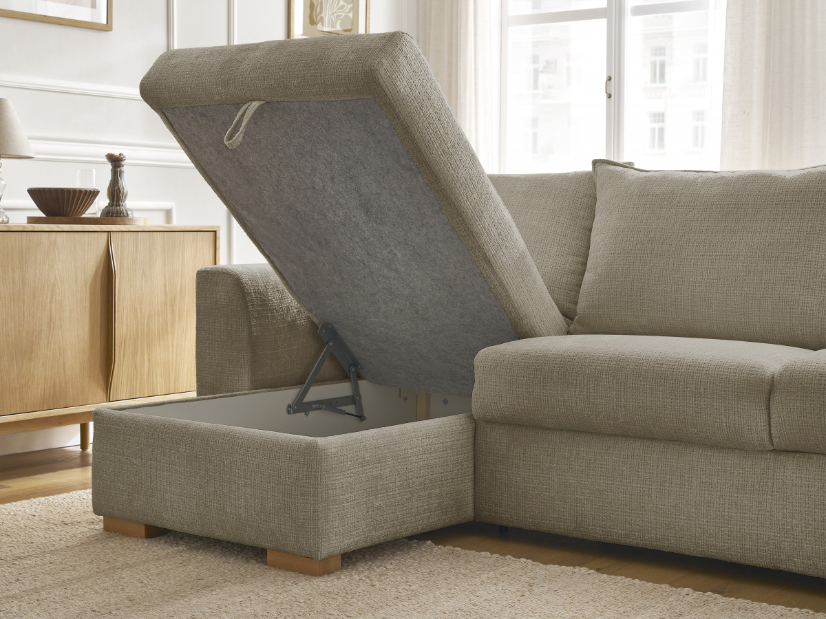 Bobochic Augustin Ecksofa mit Schlaffunktion und Bettkasten Strukturstoff Taupe, Liegefläche 140 × 200 cm