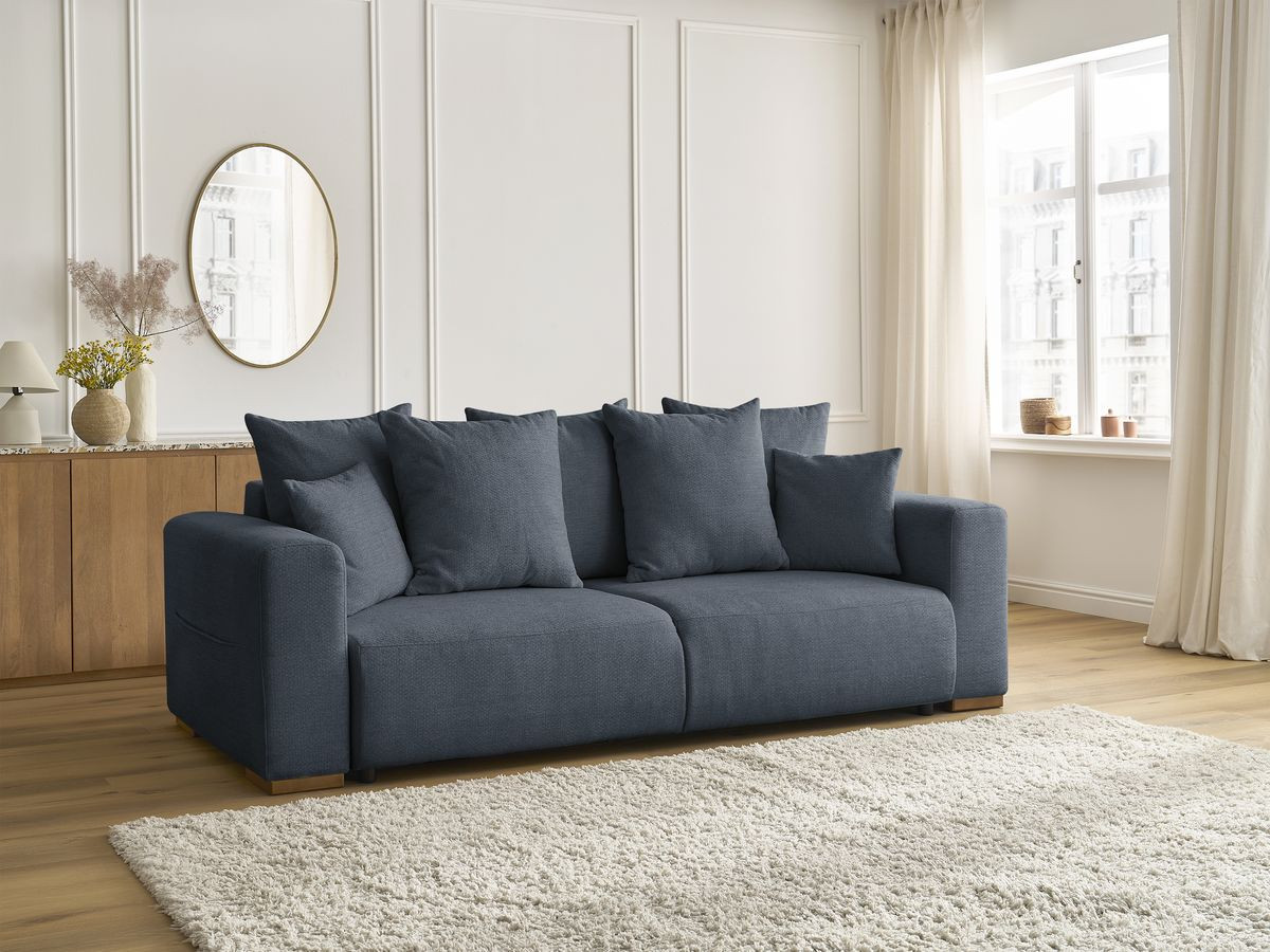 Bobochic Sidonie Schlafsofa 3-Sitzer mit Bettkasten Melange-Stoff Dunkelblau
