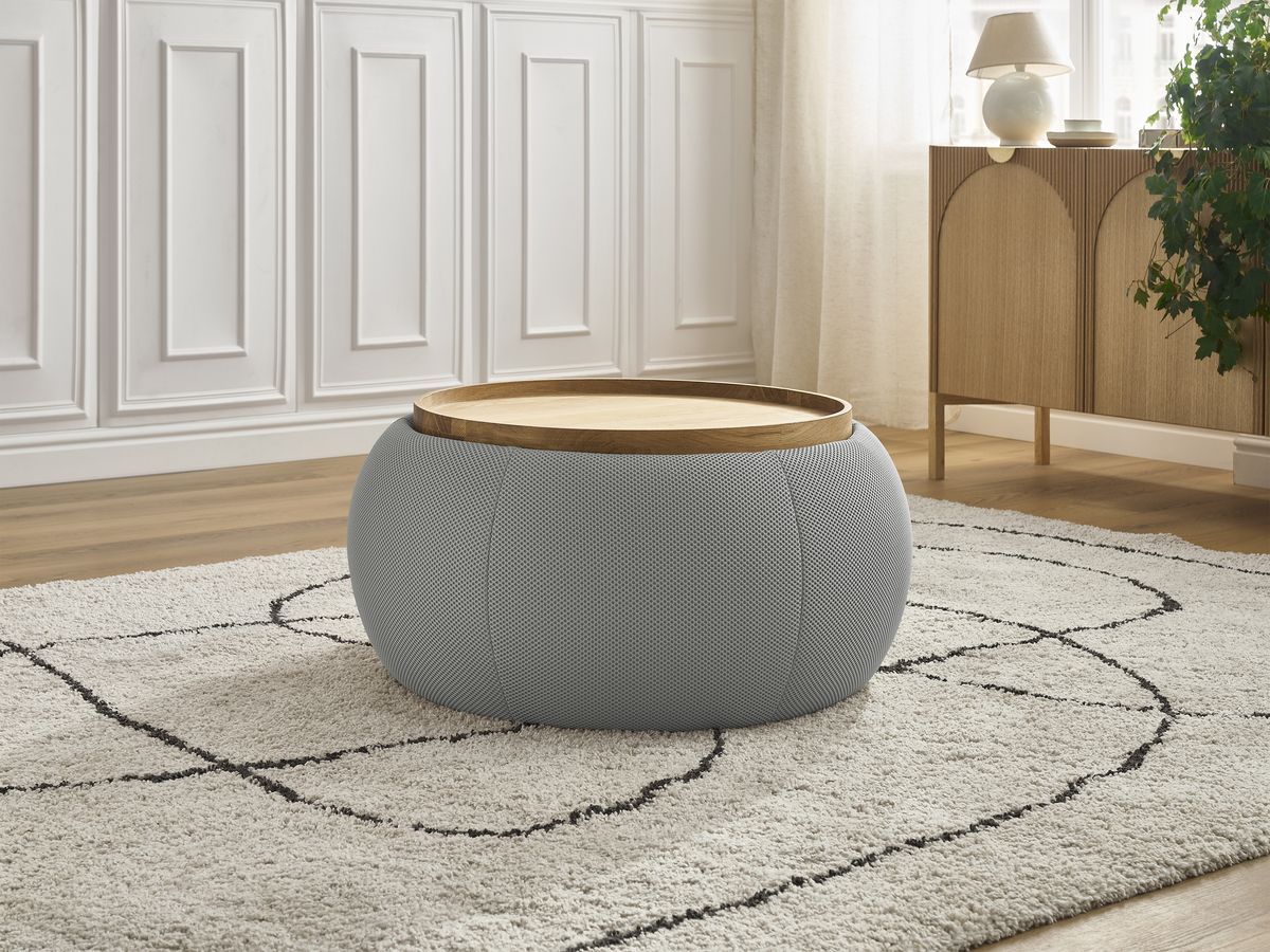 Bobochic Hayden Pouf mit Tablett, rund Mesh-Stoff Hellgrau, 77 cm