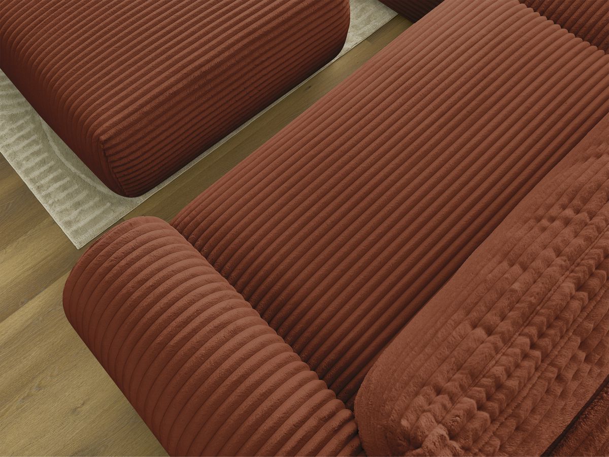 Bobochic Lucien Ecksofa mit Schlaffunktion und Bettkasten und Pouf 314 × 167 cm Breitcord weich Orange Ecke links