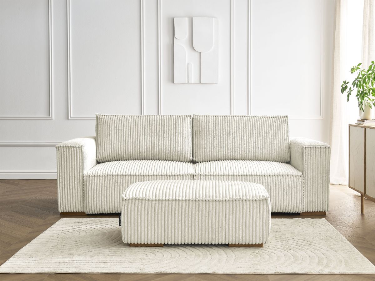Bobochic Chelsea Schlafsofa 4-Sitzer mit Bettkasten und Pouf Breitcord weich Beige