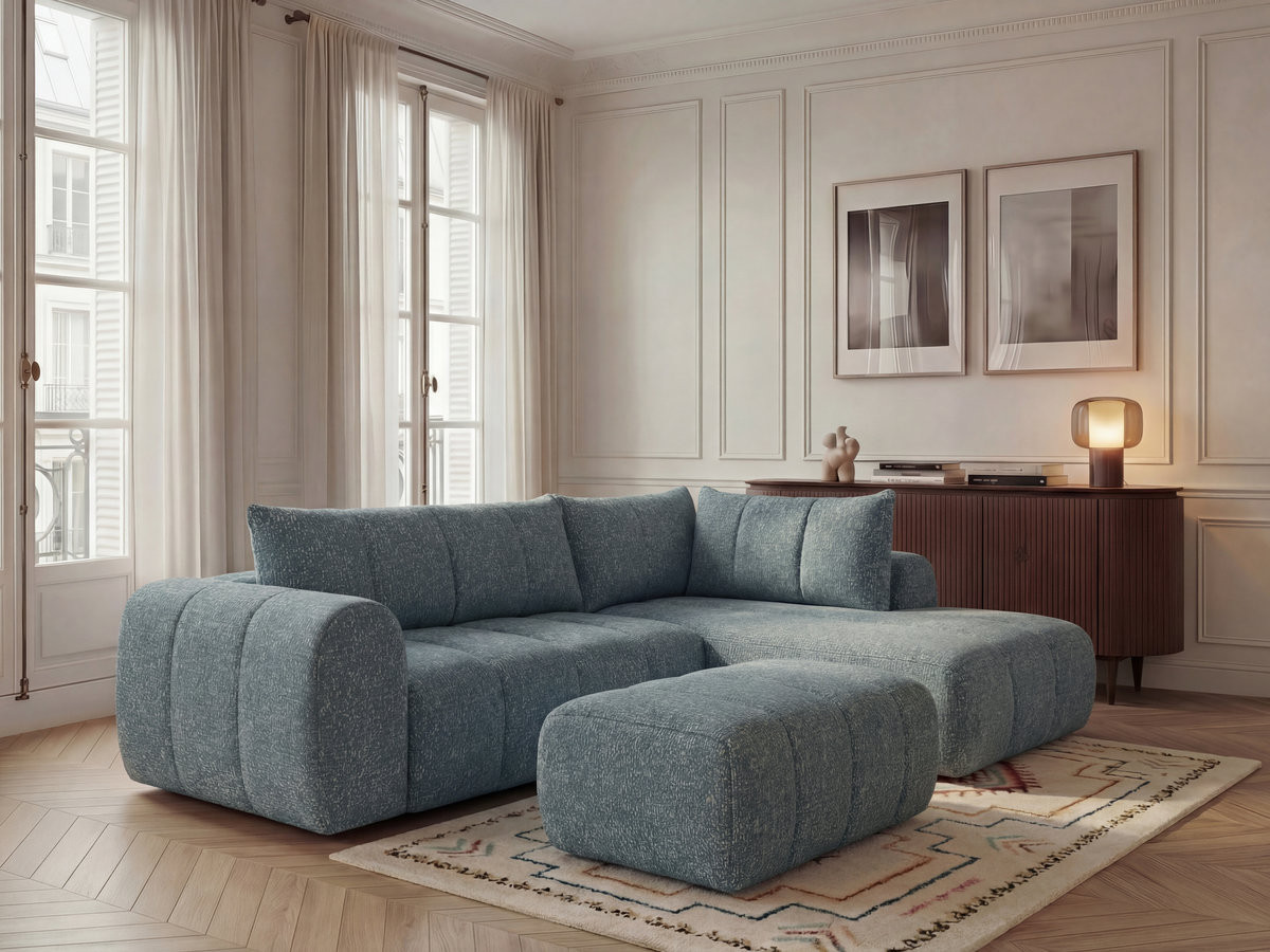 Bobochic Nesty Ecksofa in L-Form, 256 cm, mit Pouf Melange-Stoff Blau Ecke rechts
