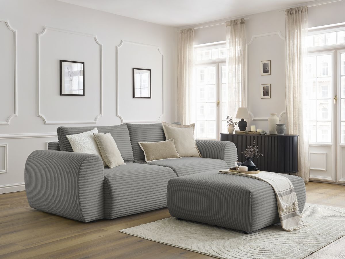 Bobochic Lucien Schlafsofa 4-Sitzer mit Bettkasten und Pouf Breitcord weich Dunkelgrau