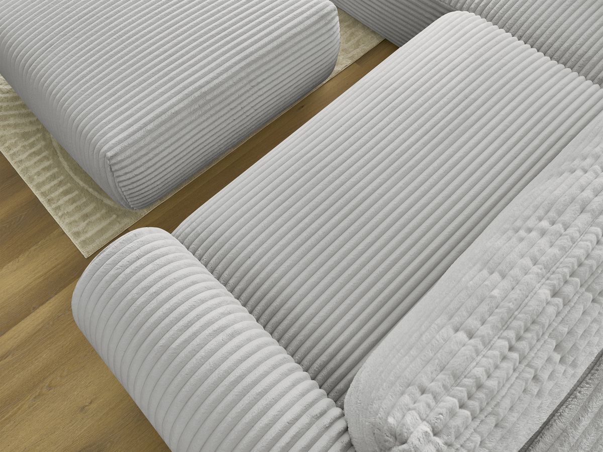 Bobochic Lucien Ecksofa mit Schlaffunktion und Bettkasten und Pouf 296 × 198 cm Breitcord weich Hellgrau Ecke links