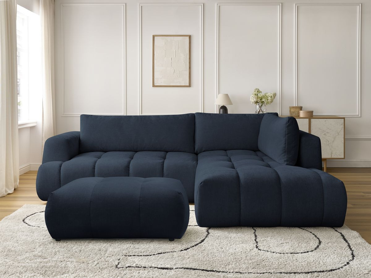 Bobochic Fuji Ecksofa mit Schlaffunktion und Bettkasten und Pouf 282 × 204 cm Stoff Dunkelblau Ecke rechts