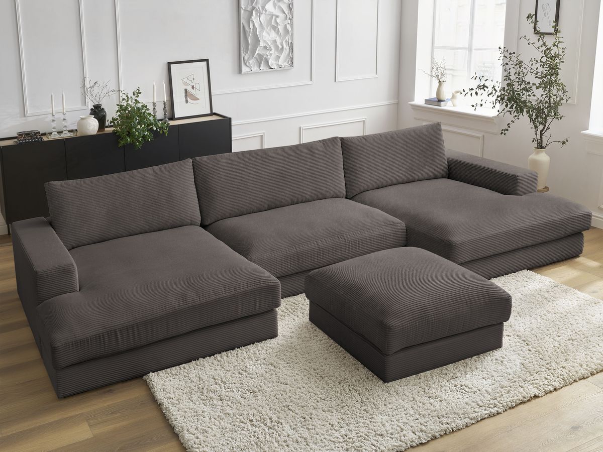 Bobochic Leonard Wohnlandschaft mit Pouf 349 × 159 cm Cordsamt Braun