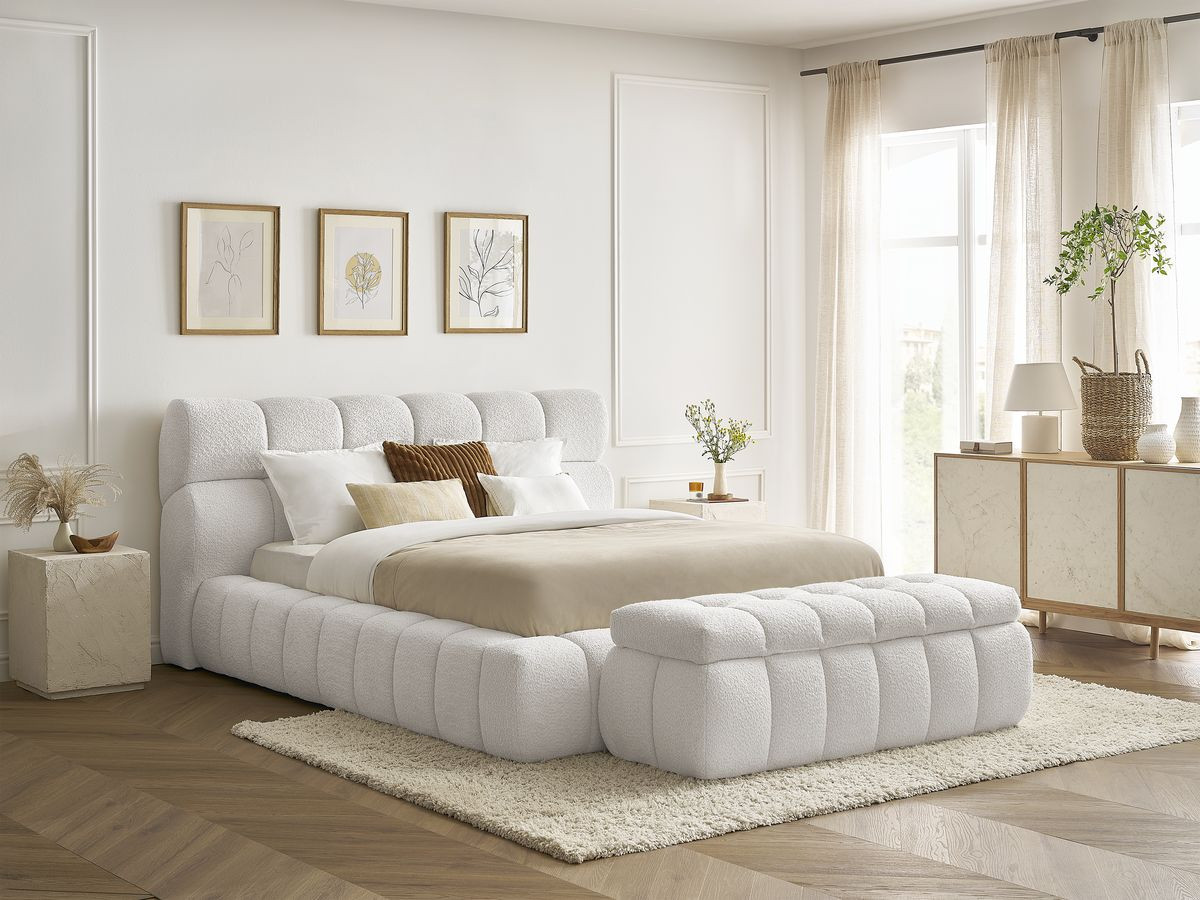 Bobochic Mont-blanc Polsterbett mit Bettkasten mit Bettbank Bouclé-Stoff Weiß, Liegefläche 180 × 200 cm