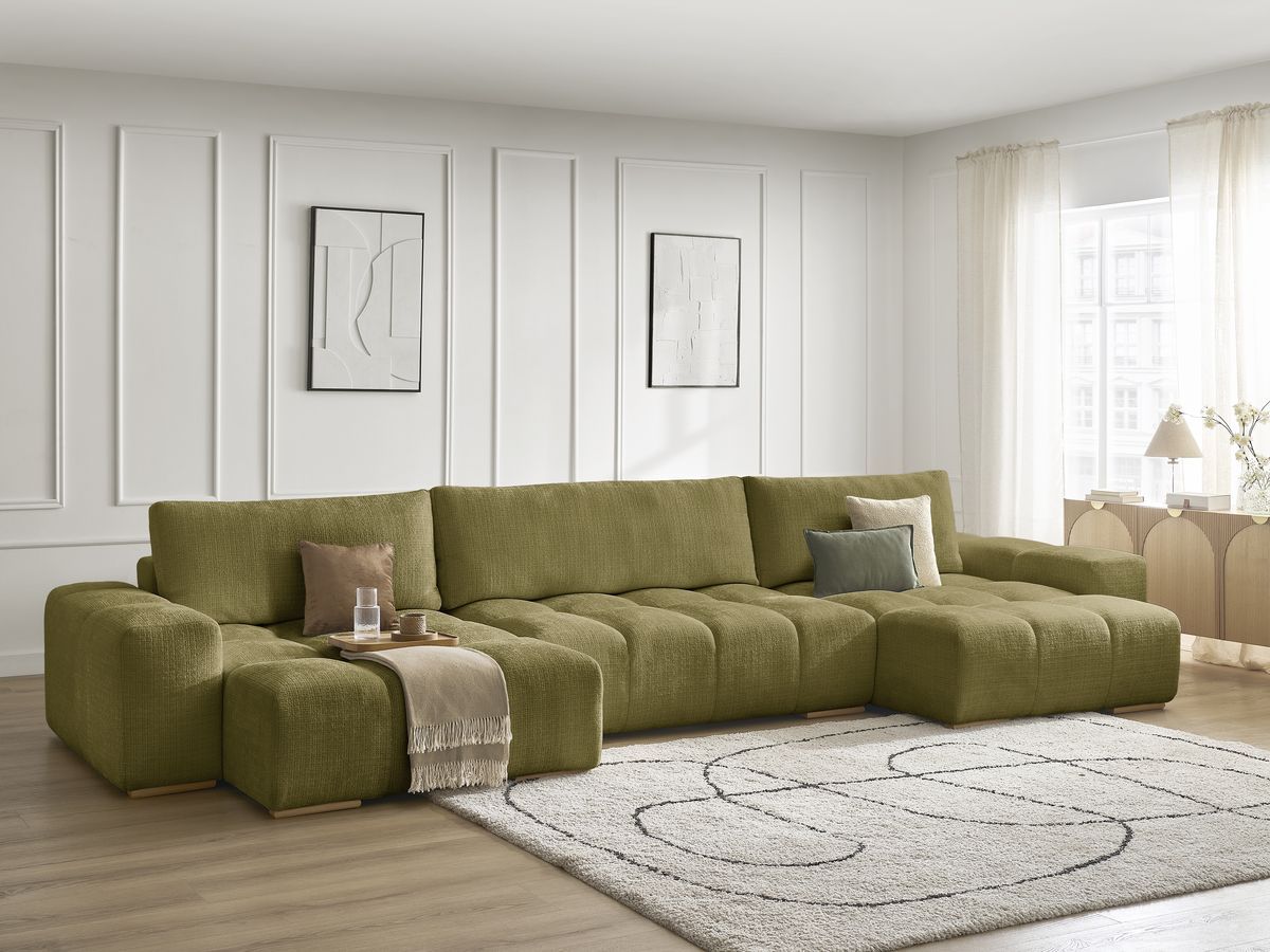 Bobochic Anakin Wohnlandschaft, Liegefläche 137 × 382 cm, 3 Kissen Strukturstoff Grün