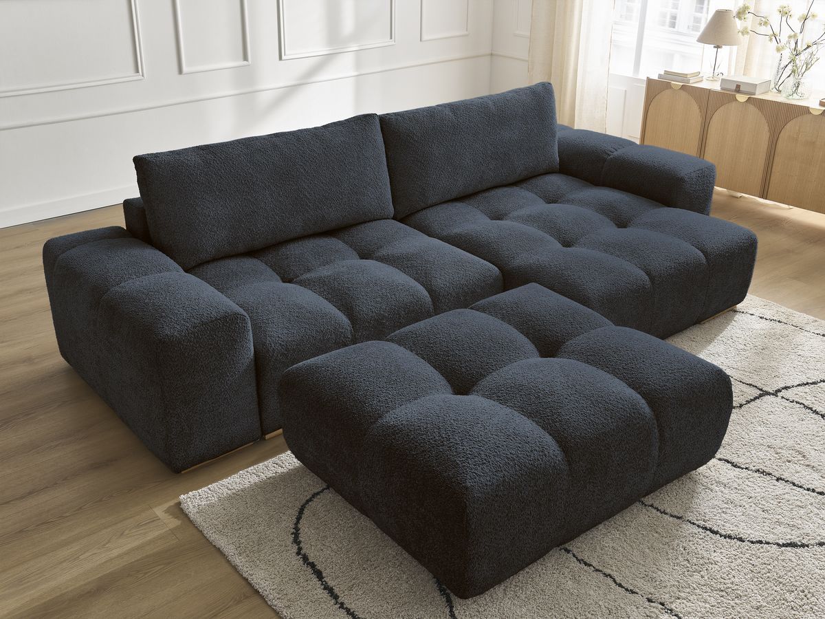 Bobochic Anakin Ecksofa mit Pouf, 2 Kissen Bouclé-Stoff Dunkelblau