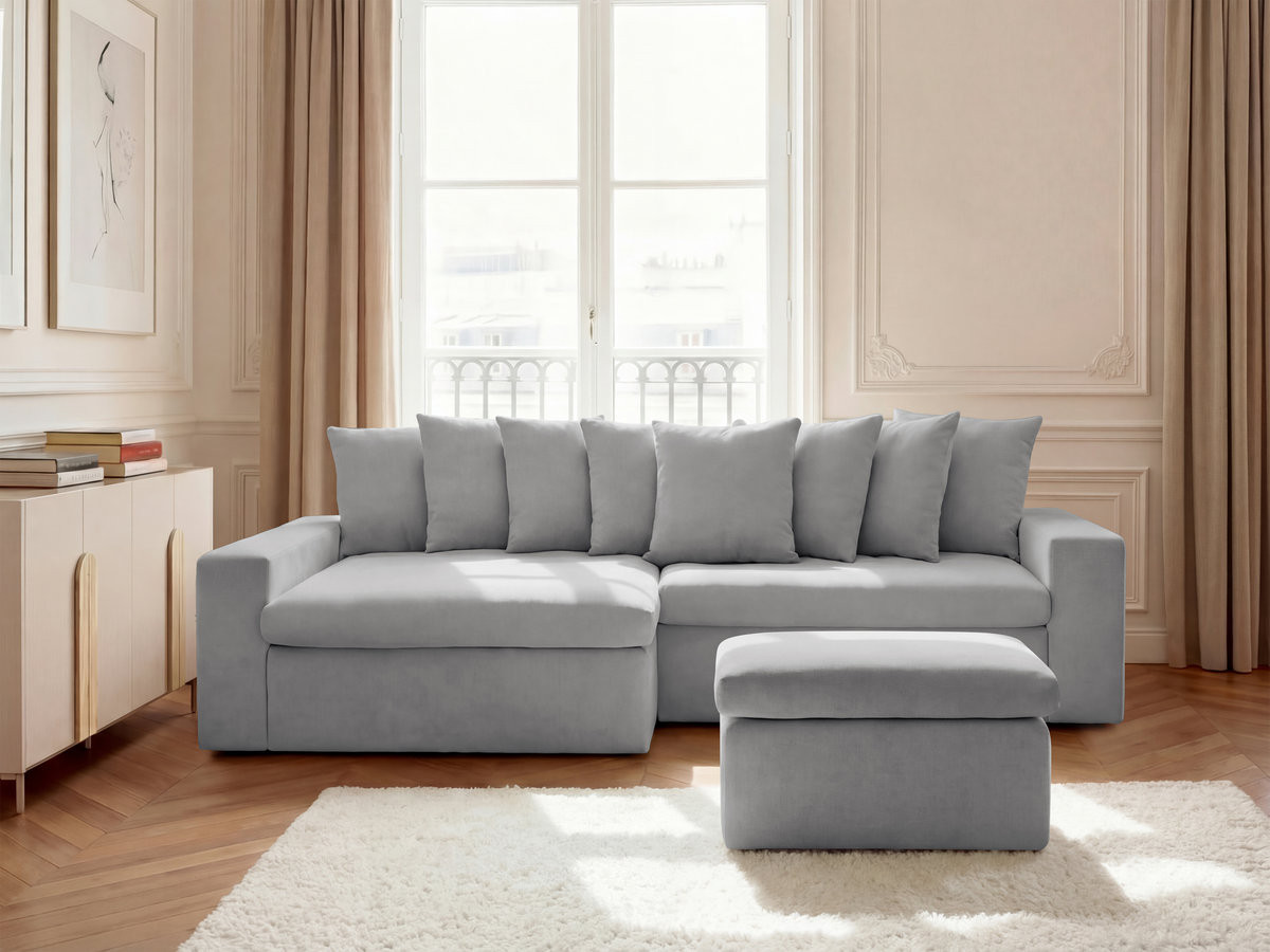 Bobochic Enore Ecksofa mit Pouf Stoff Hellgrau Ecke links