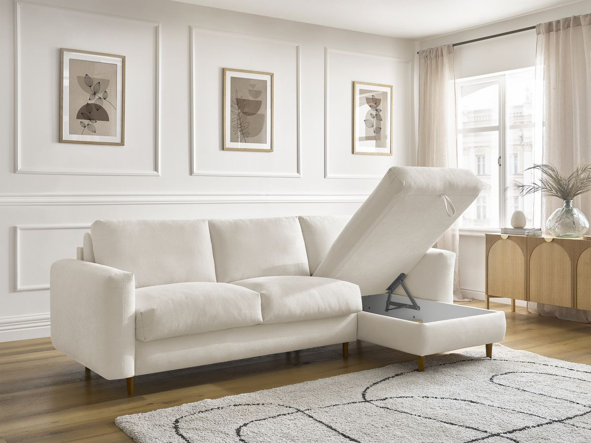Bobochic Cocoone Ecksofa mit Schlaffunktion und Bettkasten Stoff Beige, Liegefläche 160 × 200 cm
