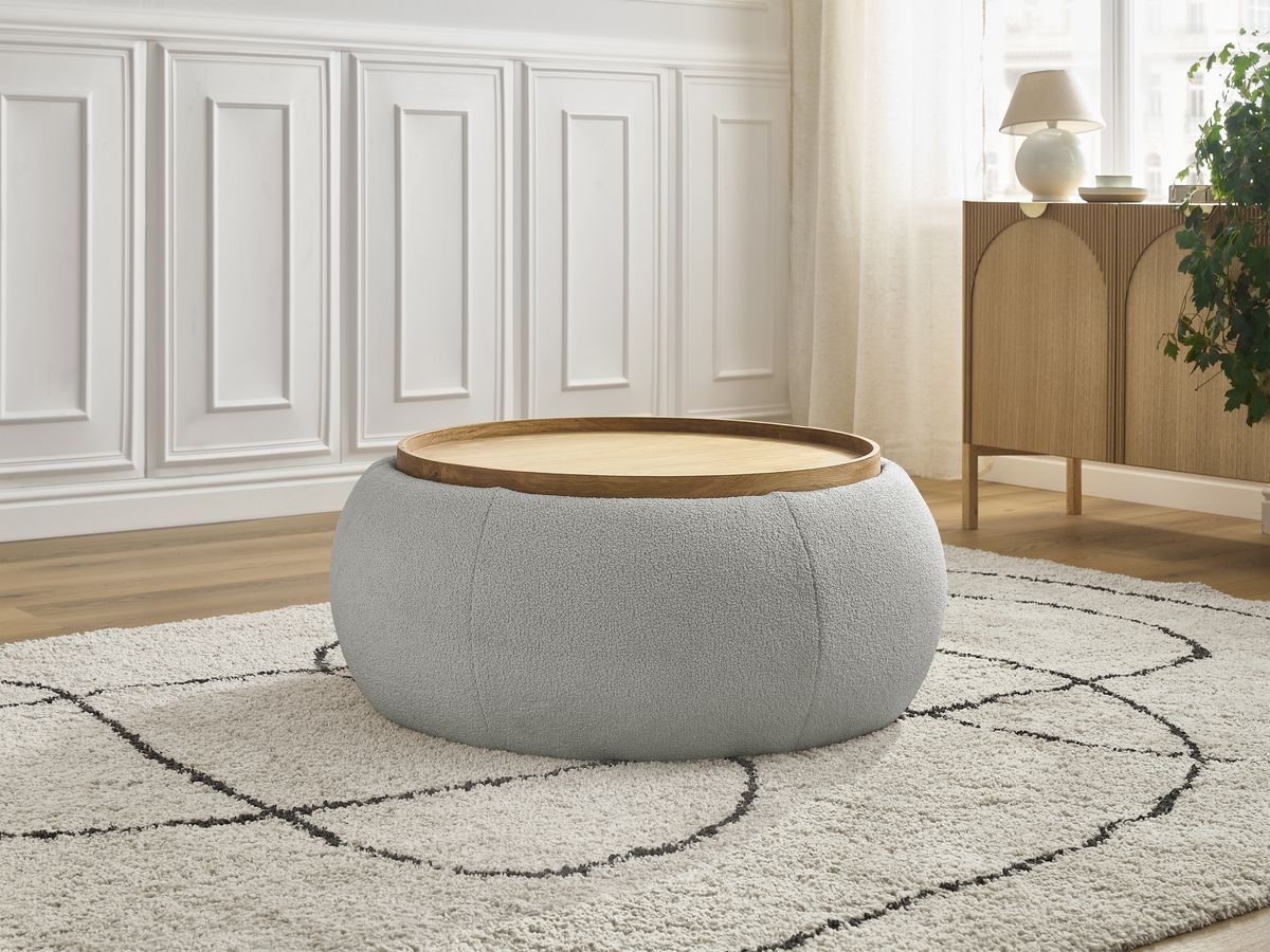 Bobochic Hayden Pouf mit Tablett, rund Bouclé-Stoff Hellgrau, 87 cm