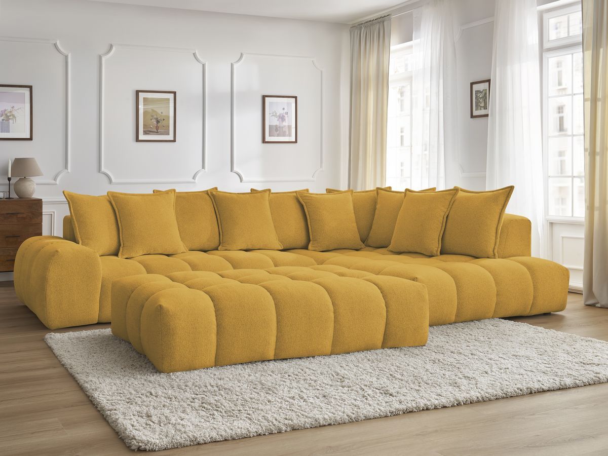 Bobochic Everest Ecksofa mit Schlaffunktion und Pouf, 10 Kissen Melange-Stoff Gelb Ecke rechts