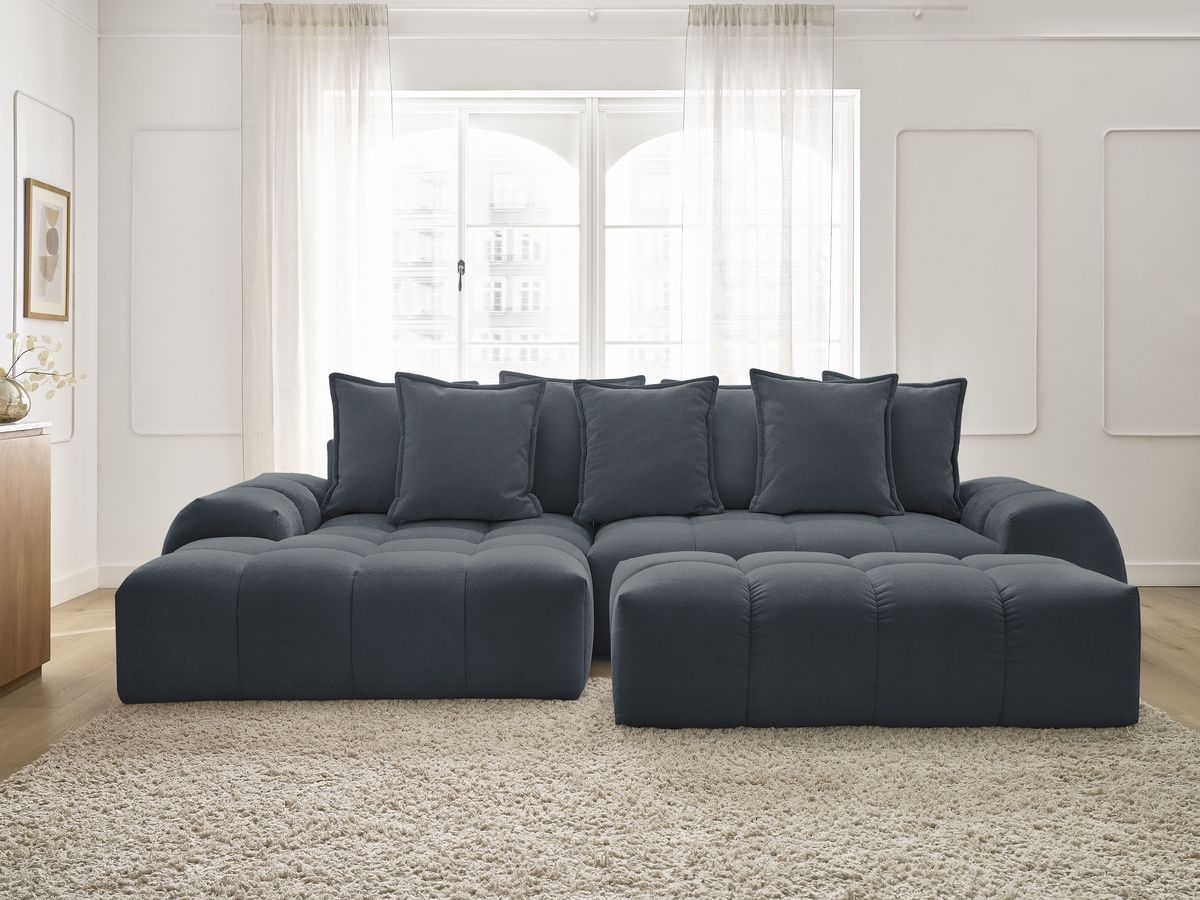 Bobochic Everest Ecksofa mit Schlaffunktion und Bettkasten und Pouf 318 × 180 cm, 7 Kissen Strukturstoff Blau Ecke links