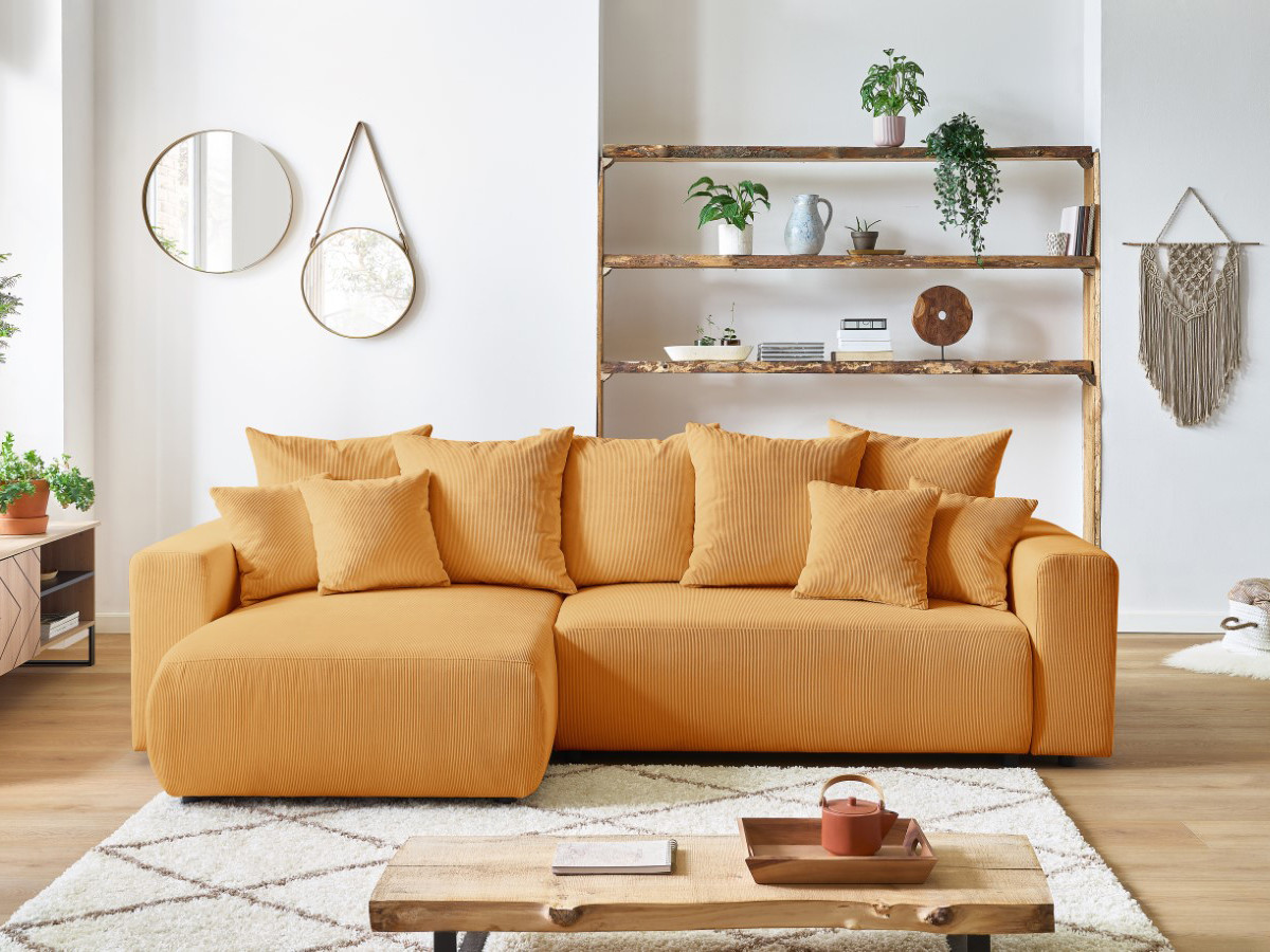 Bobochic Envy Ecksofa mit Schlaffunktion und Bettkasten Cordsamt Gelb