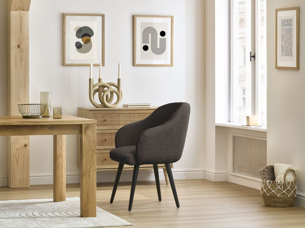 Bobochic Sophie Esszimmerstuhl 2er-Set mit skandinavischen Beinen, schwarz Bouclé-Stoff Braun