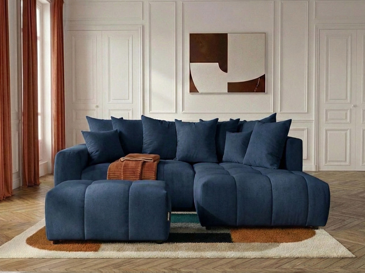 Bobochic Roxelane Ecksofa mit Schlaffunktion und Bettkasten und Pouf Melange-Stoff Dunkelblau Ecke rechts