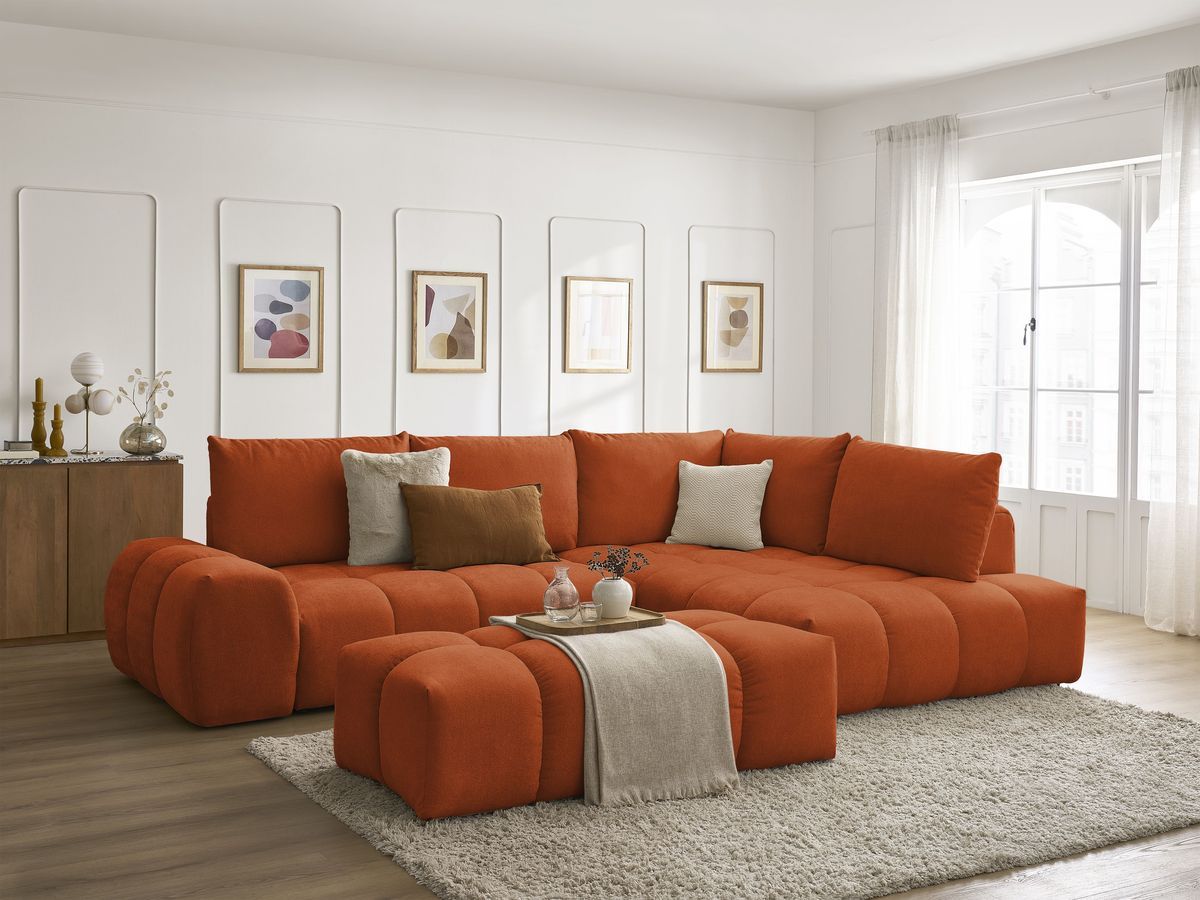 Bobochic Everest Ecksofa mit Schlaffunktion und Bettkasten und Pouf 320 × 212 cm, 5 Kissen Strukturstoff Orange Ecke rechts