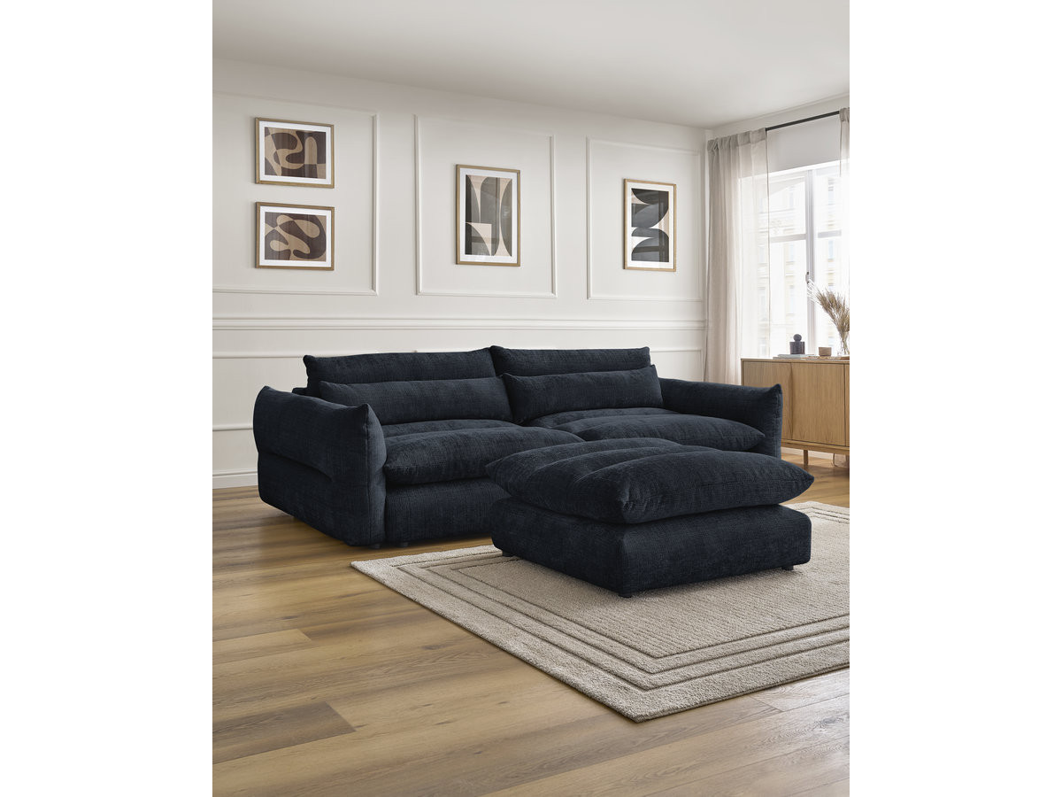 Bobochic Neil Sofa 3-Sitzer mit Pouf Strukturstoff Dunkelblau
