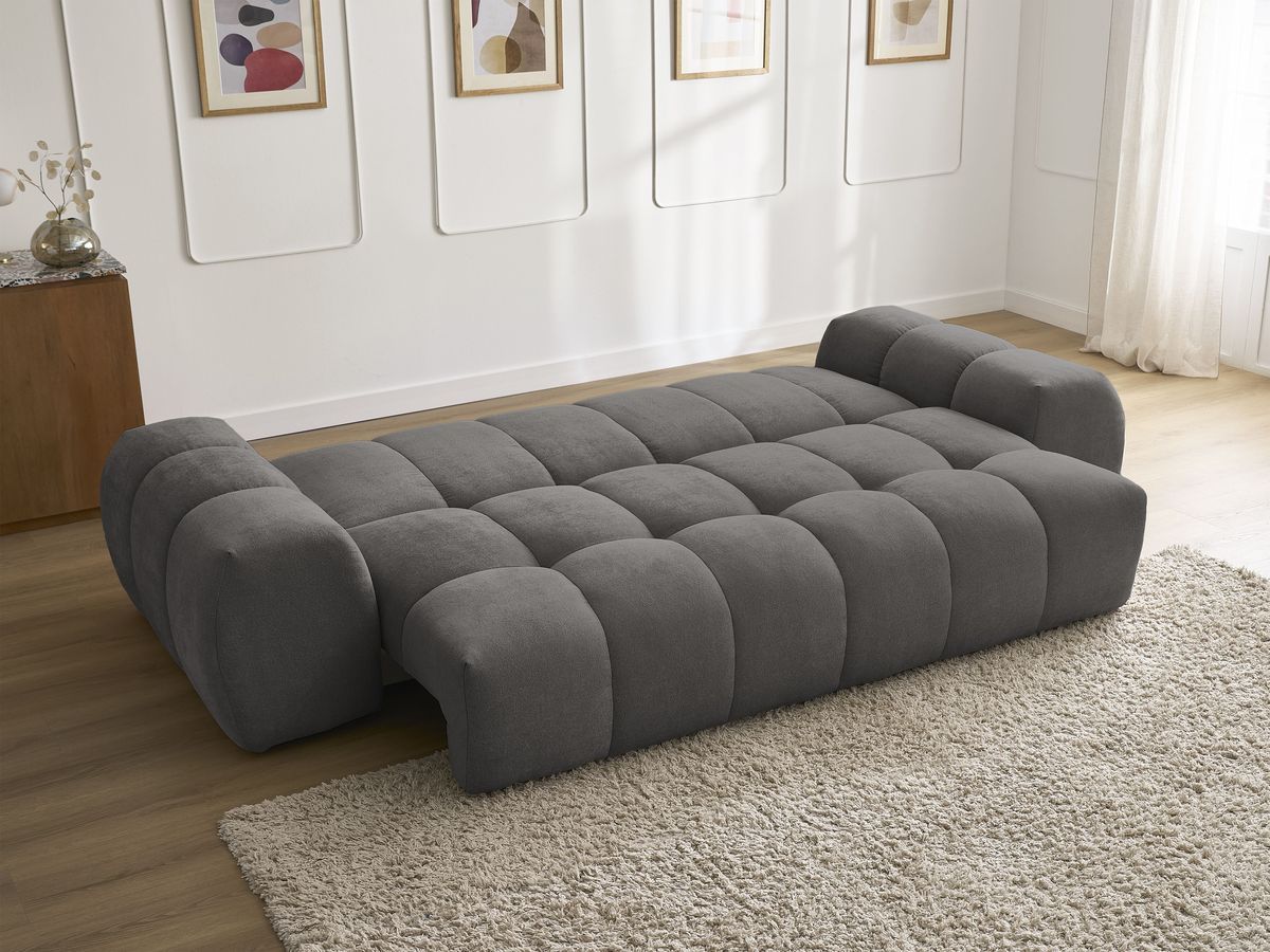 Bobochic Everest Schlafsofa 3-Sitzer mit Bettkasten, 5 Kissen Strukturstoff Dunkelgrau