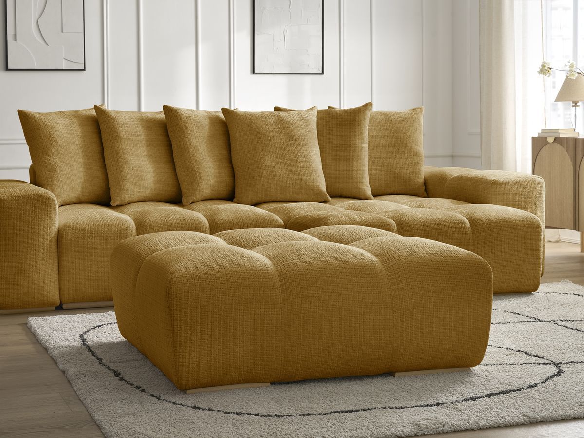 Bobochic Anakin Ecksofa mit Schlaffunktion und Bettkasten und Pouf, 6 Kissen Strukturstoff Gelb