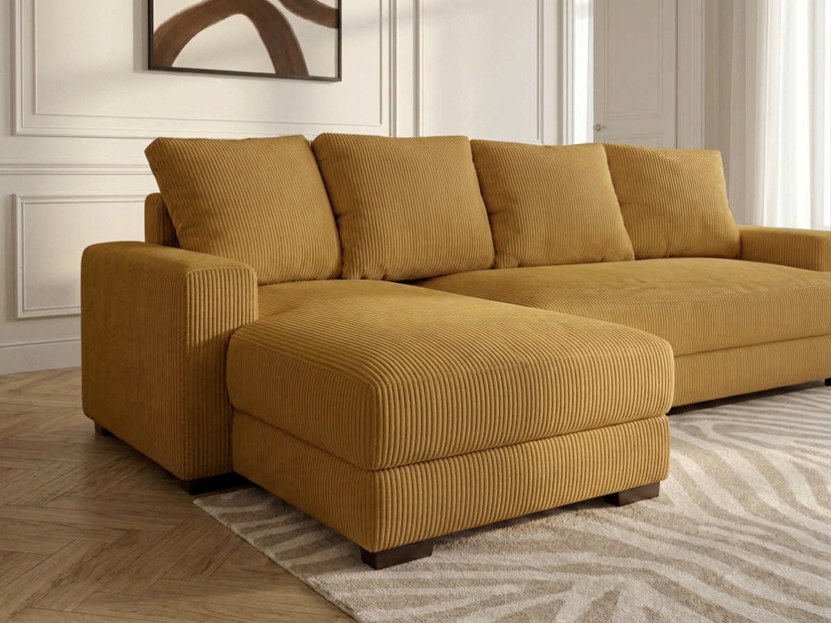 Bobochic Campi Ecksofa mit Schlaffunktion und Bettkasten Cordsamt Gelb Ecke links