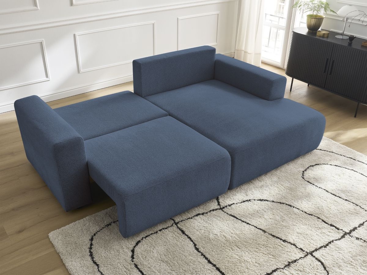 Bobochic Atilla Ecksofa mit Schlaffunktion und Bettkasten Melange-Stoff Blau Ecke rechts